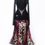 This glaring Black/Animal print ballroom dress with a hint of fuchsia pink is beautifully embellished in AB crystals from Preciosa in Fuchsia, Indian pink and topaz color. It's crystalized neckline and flowing skirt complete the look.